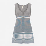 Grey Blue Stripe Sleeveless Button Detail Knitted 