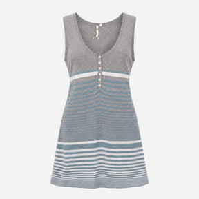 Grey Blue Stripe Sleeveless Button Detail Knitted 