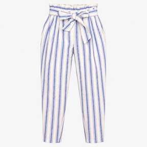 Trousers Linen Blend Striped Tie Waist Blue White 