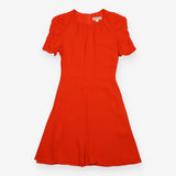 Midi Dress Orange Red Ruched Puff Sleeve Textured