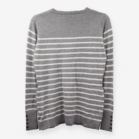 Grey White Stripe Knit Jumper Shoulder Button