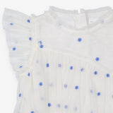 Tiered Dress White with Tulle and Embroidered Blue