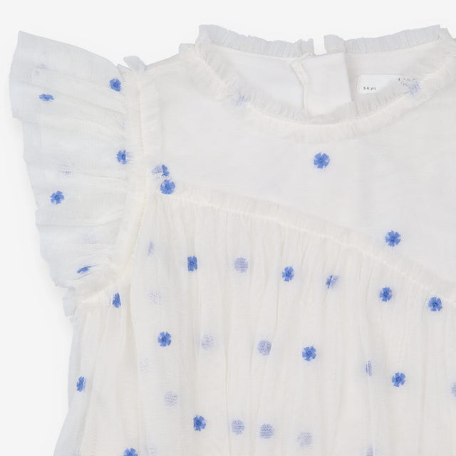 Tiered Dress White with Tulle and Embroidered Blue