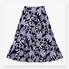 Paisley Floral Tiered Viscose Maxi Skirt Navy Blue
