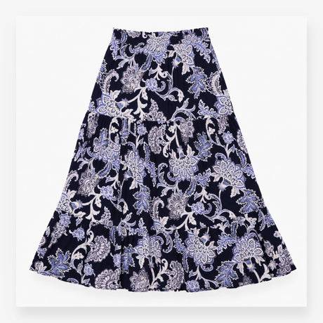 Paisley Floral Tiered Viscose Maxi Skirt Navy Blue