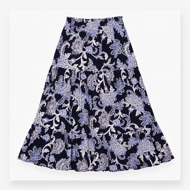 Paisley Floral Tiered Viscose Maxi Skirt Navy Blue