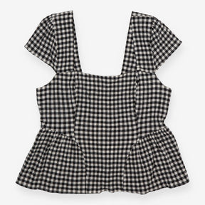 M&S Top Gingham Black White Square Neck Peplum