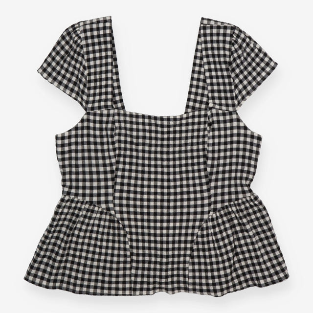 M&S Top Gingham Black White Square Neck Peplum