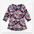 Floral Scoop Neck 3/4 Sleeve Viscose Top Navy Blue