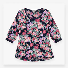 Floral Scoop Neck 3/4 Sleeve Viscose Top Navy Blue