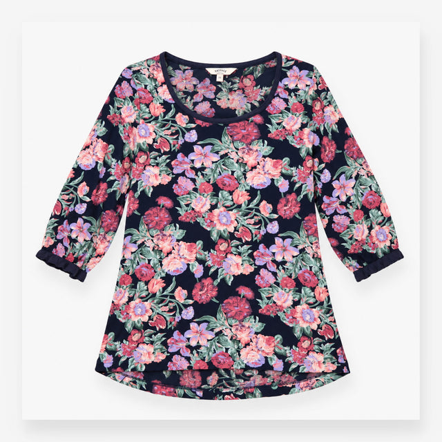 Floral Scoop Neck 3/4 Sleeve Viscose Top Navy Blue