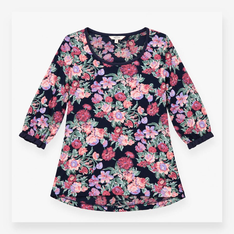 Floral Scoop Neck 3/4 Sleeve Viscose Top Navy Blue