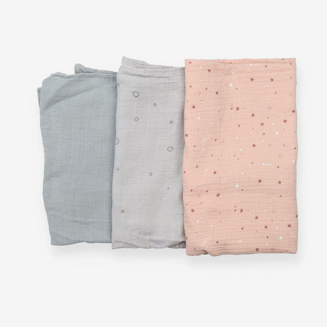 Muslin green grey and pink with stars 3 Pack