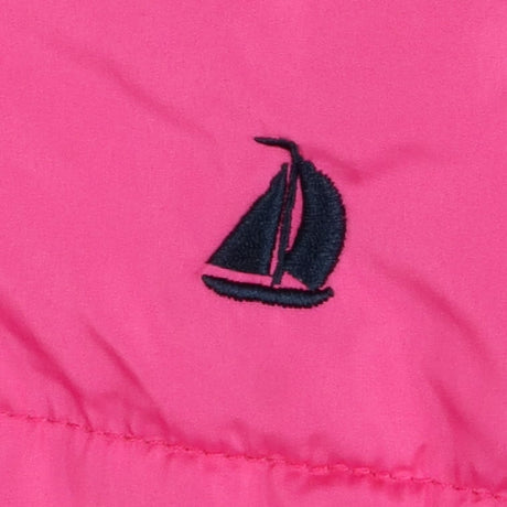 Pink puffer coat with navy trim