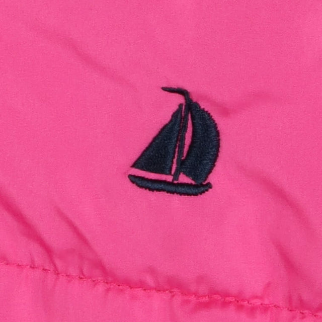 Pink puffer coat with navy trim
