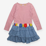 LS striped dress with denim skirt and flowers