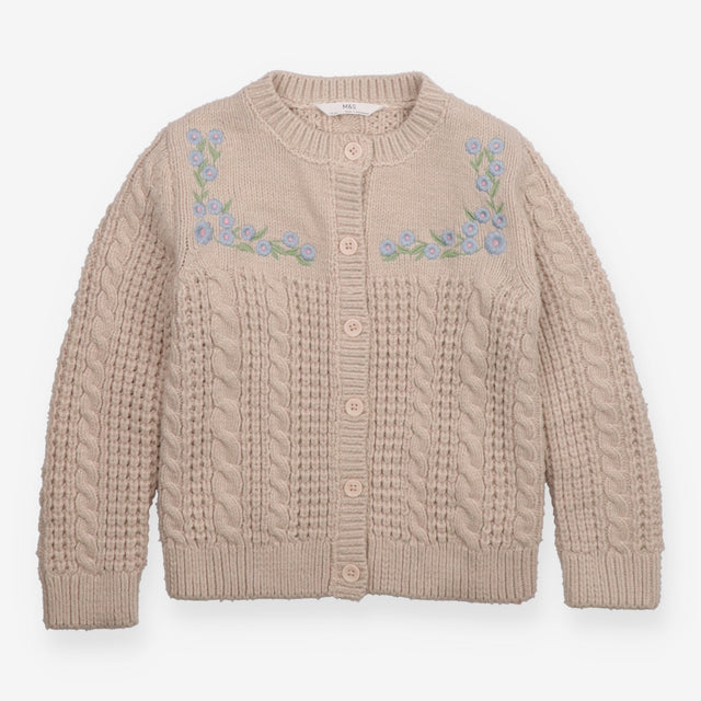 Cream Knit Cardigan with Flowers