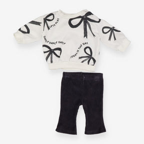Sweater White Black Bows and Ribbed Leggings