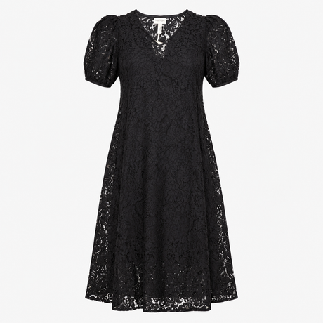 Midi Dress Black Floral Lace Short Sleeve