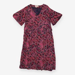 Pink & Black Paisley Dress | V-Neck Belted Midi