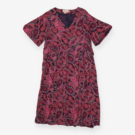 Pink & Black Paisley Dress | V-Neck Belted Midi