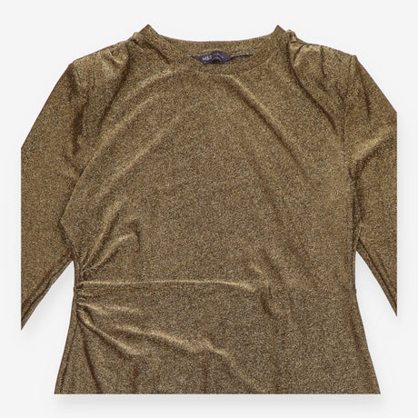 Midi Dress Gold Metallic Ruched Long Sleeve Bodyco