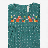 Green Spotty Cord Dress with Foxes and flowers