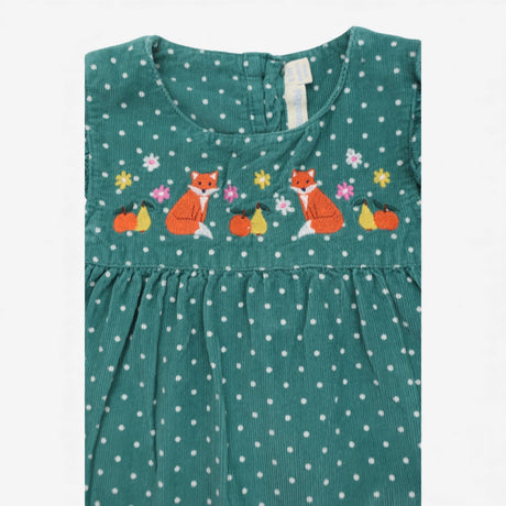 Green Spotty Cord Dress with Foxes and flowers