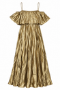 Midi Dress Gold Metallic Pleated Ruffle Spaghetti 