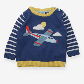 Sweater Knit Blue Stripe Aeroplane Applique