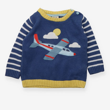 Sweater Knit Blue Stripe Aeroplane Applique