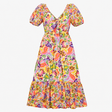 Cotton Floral Tiered Midi Dress Puff Sleeve V-Neck