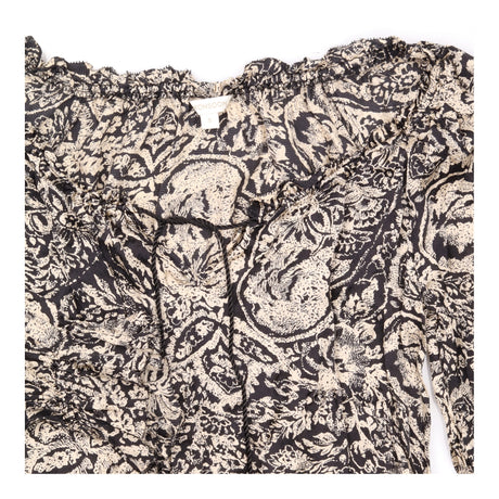 Black Cream Paisley Silk Longline Blouse with Ruff