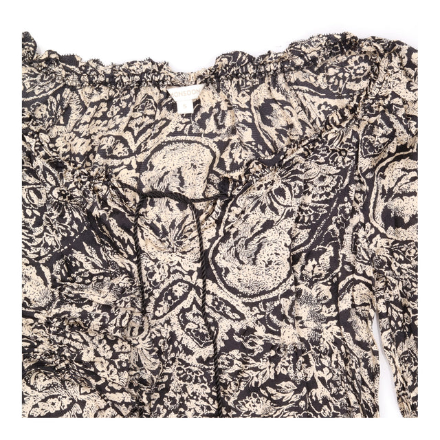 Black Cream Paisley Silk Longline Blouse with Ruff
