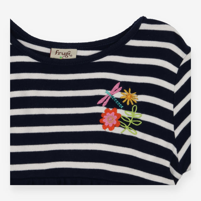 Blue and white striped dress with flower embroider