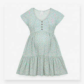 Green and Pink Floral Button Front Maternity Dress
