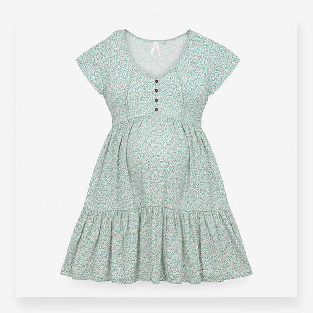 Green and Pink Floral Button Front Maternity Dress