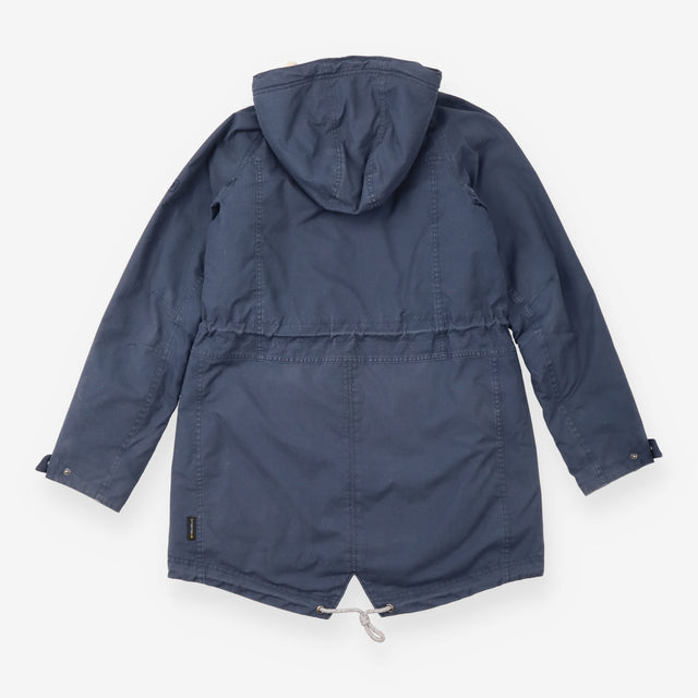 Coat Blue Grey Hooded Parka Drawstring Waist Utili