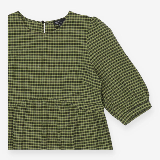 Gingham Check Midi Dress Green – Puff Sleeve Desig