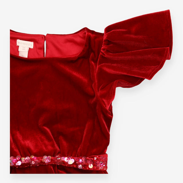 Sequin Belt Velour Jumpsuit Red