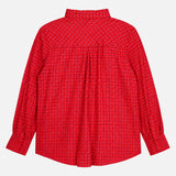 Shirt Red Check Viscose Ruffle Front Plaid Long Sl