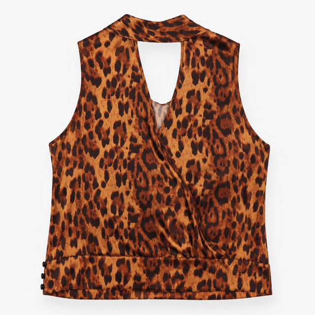 Top Sleeveless Animal Print Tie Neck Gold Mix