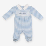 Sleepsuit blue white stripe smocking dino collar