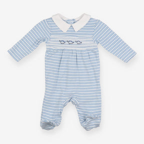 Sleepsuit blue white stripe smocking dino collar
