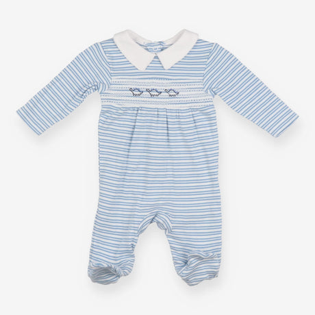 Sleepsuit blue white stripe smocking dino collar