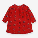Dress red muslin flowers blue check lining LS