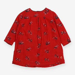 Dress red muslin flowers blue check lining LS