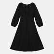 Midi Dress in Black Jersey with Ruched V-Neck
