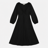 Midi Dress in Black Jersey with Ruched V-Neck