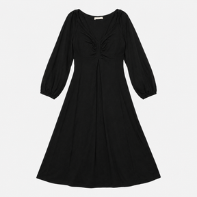 Midi Dress in Black Jersey with Ruched V-Neck